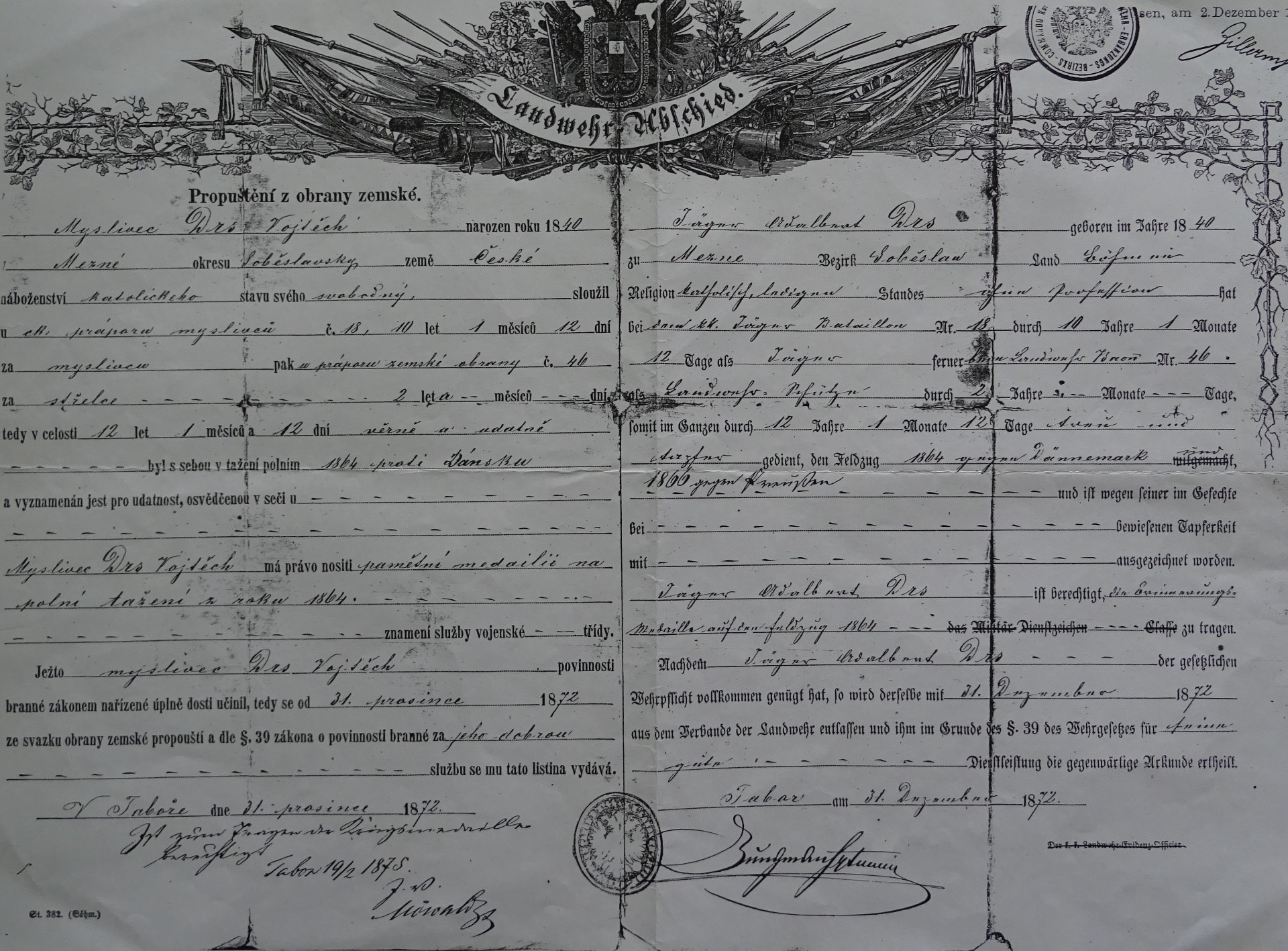 Propuštění Mezeňana Vojtěcha Drsa z obrany zemské 1872 (archiv rodiny Drsových)